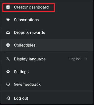 Kick profile menu with Creator dashboard highlighted