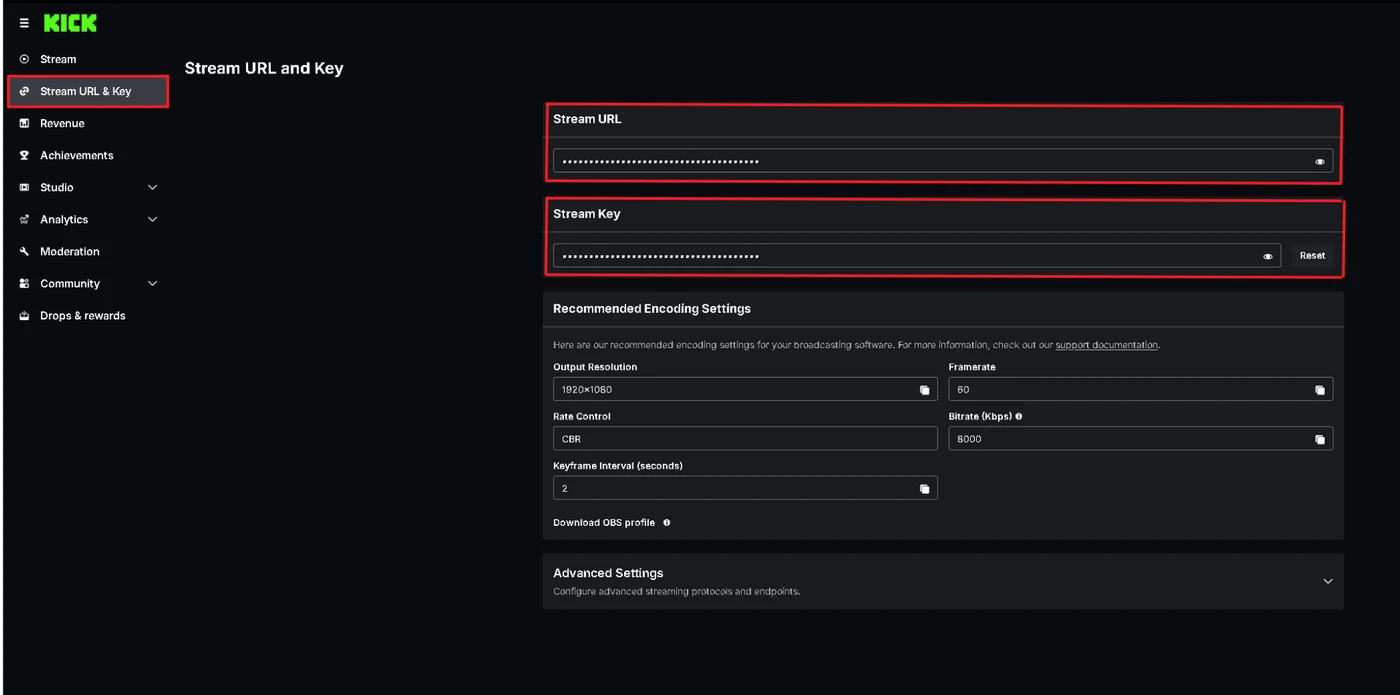 Kick Stream URL and Key page with both fields highlighted